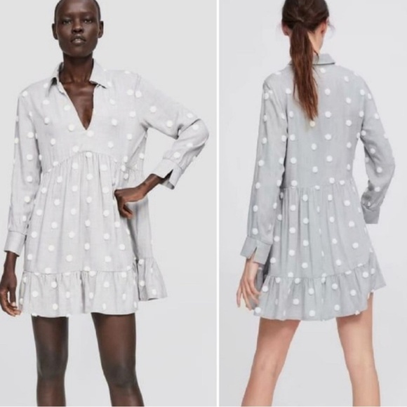 Zara Pom Polka Dot Babydoll Mini Contrast Dress Gray White Shirt Size Medium - Picture 4 of 15